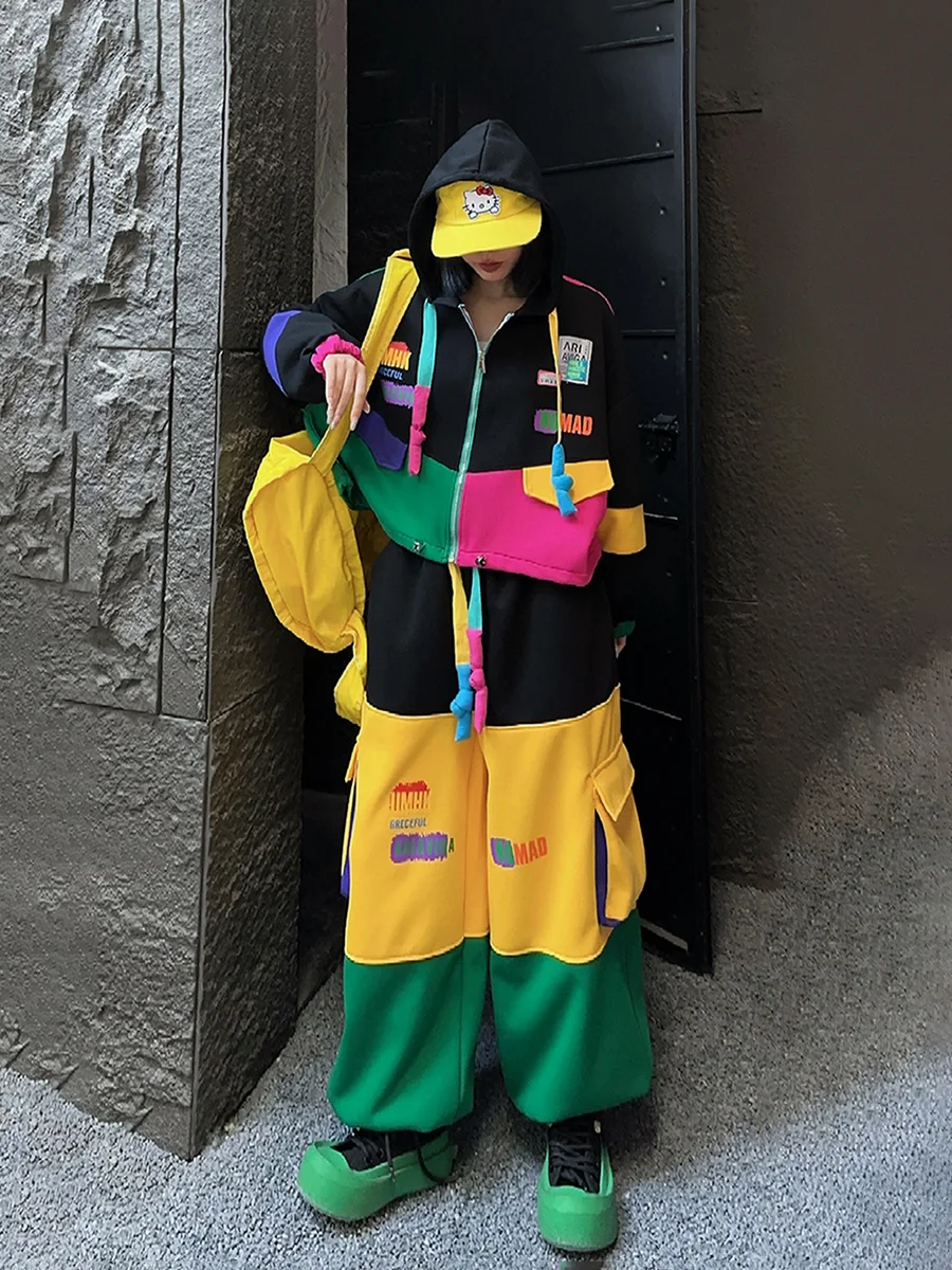Multicolorido retalhos zíper hoodies 2 peça conjunto mulher roupas conjuntos de calças de grandes dimensões moda coreana jaqueta curta conjuntos de correspondência
