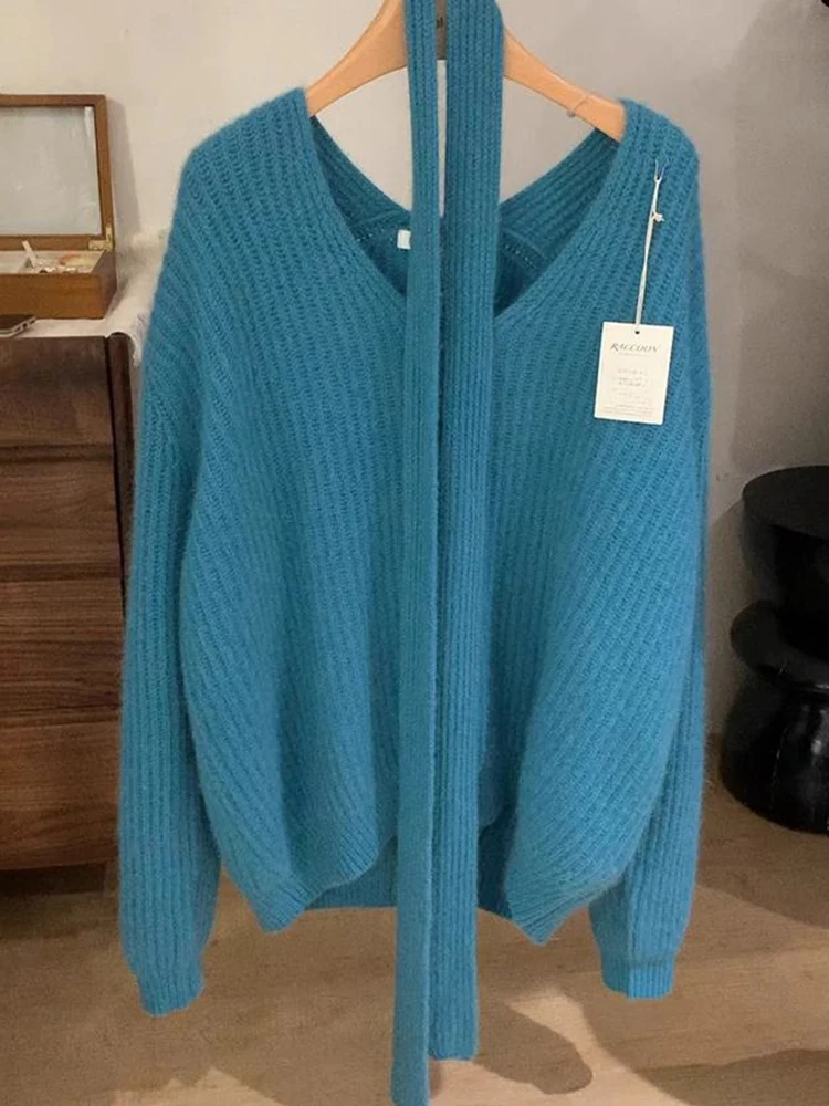 

Синий трикотаж с v-образным вырезом, женский свободный повседневный шерстяной свитер SleLazy Faion, осень-зима, Новое поступление, универсальный простой дизайн