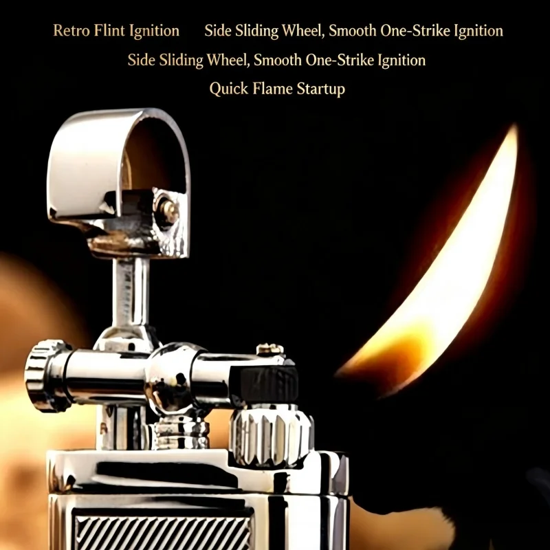 Retro Side‑Flame Rocker Arm Lighter Zinc Alloy Flint Wheel Refillable Classic Open Flame Lighter Men Collection Smoking Gift