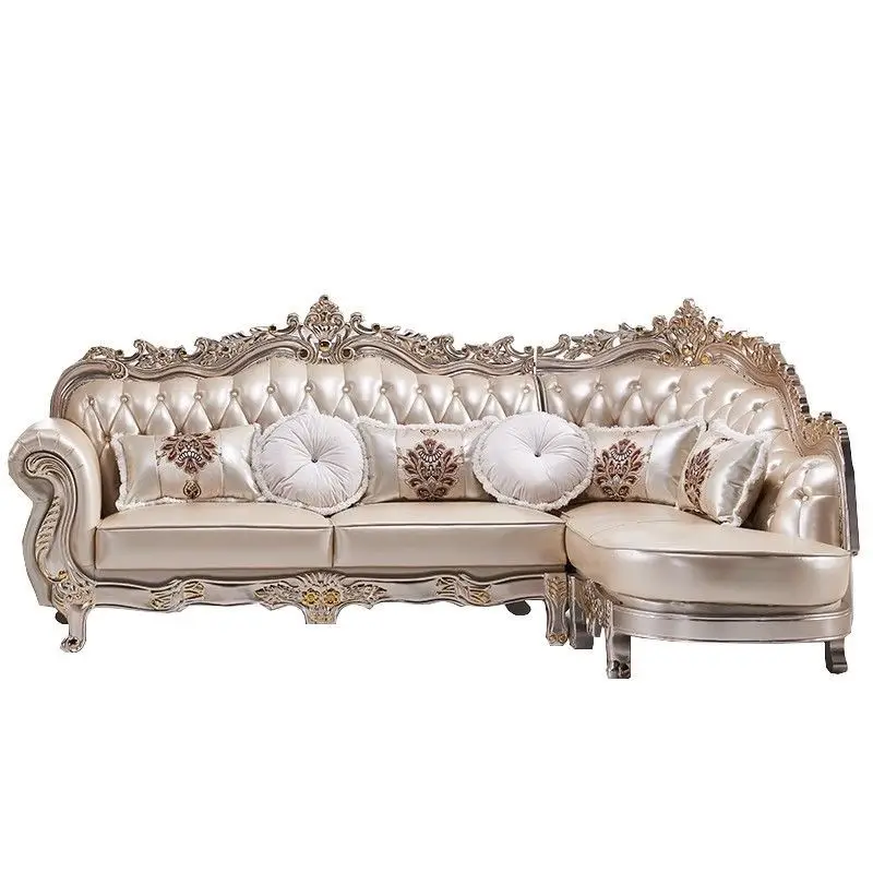 

Кожаный угловой диван для гостиной, мебель из массива дерева с резными элементами и верхним слоем из коровьей кожи.