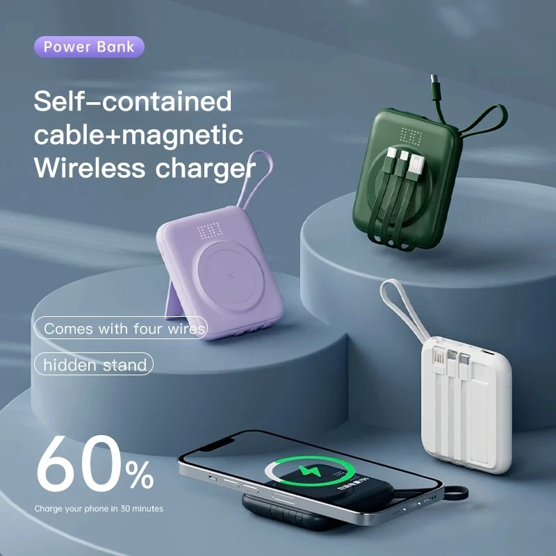 Mini banco de potência magnético sem fio embutido 4 fios portátil 10000mah bateria externa com suporte power bank para iphone samsu q120