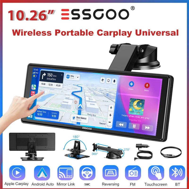 ESSGOO 10,26 Zoll tragbare, kabellose Carplay-Universalhalterung für Wohnmobile, LKWs, Autoradios, Touchscreen, GPS, NAVI, WIFI, Android Auto, Bluetooth, FM, Lenkradsteuerung, Touchscreen