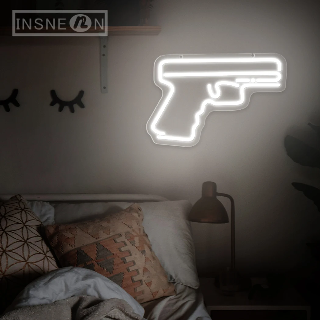 Pistol LED Neon Sign USB Powered Versatile Wall Decor for Game Room Shop Bar Bedroom Internet Cafe Artistic Monochrome Lighting