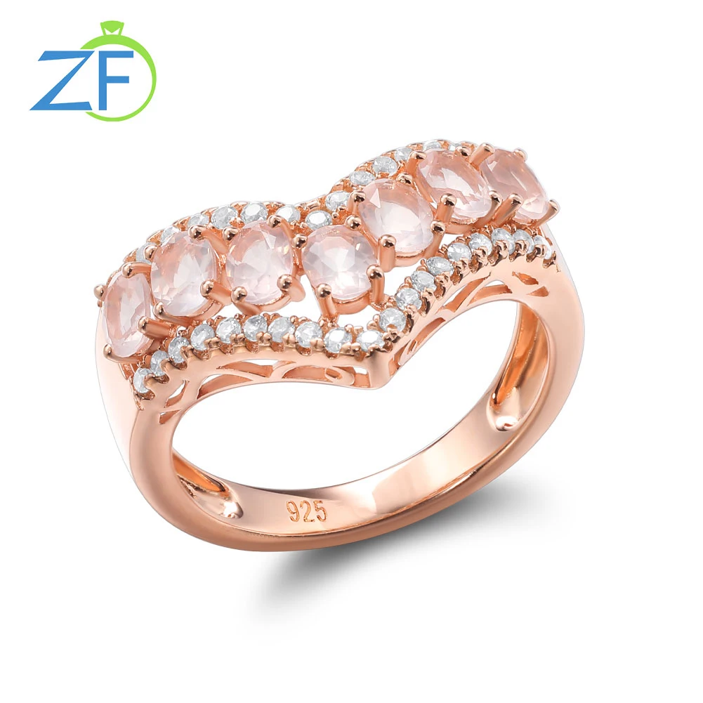 GZ ZONGFA Natural Pink Quarte 1.5 Carats Gemstone V Shape Finger Ring for Women Genuine 925 Sterling Silver Fine Jewelry Gifts