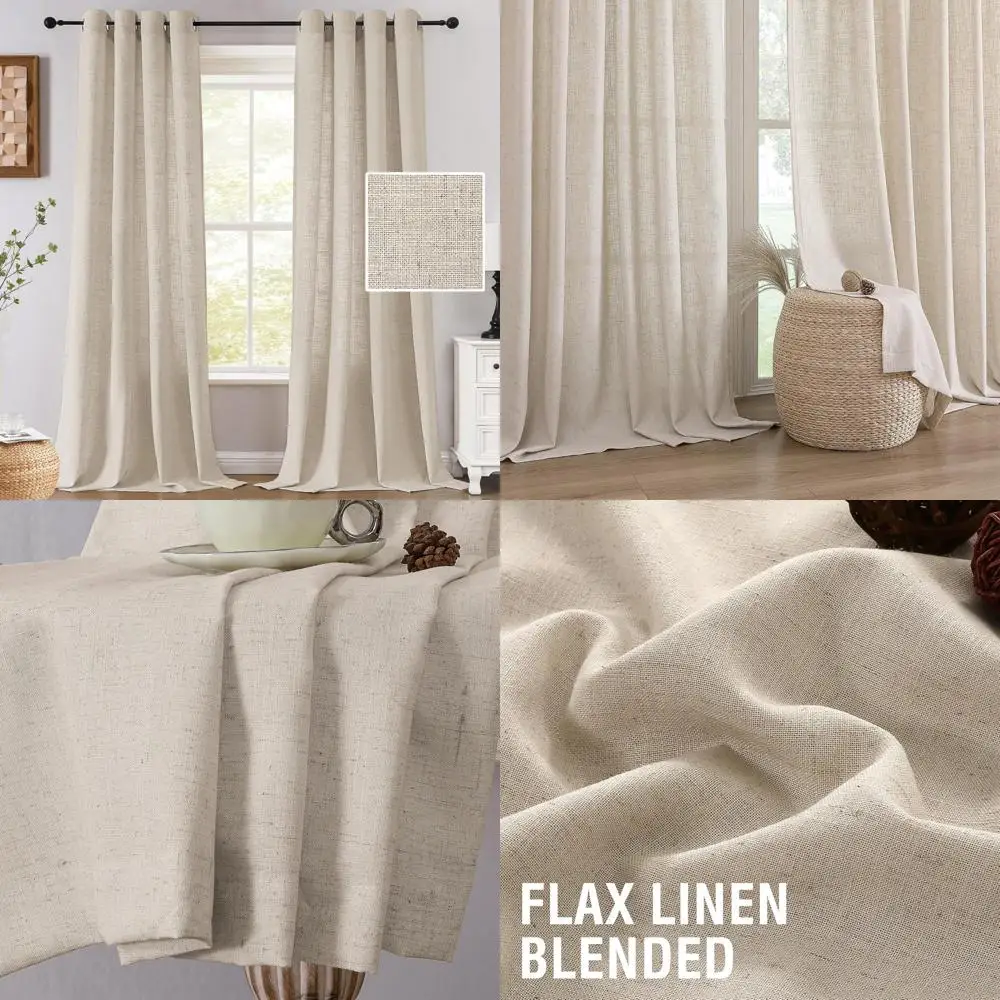 

Льняные шторы 84 дюйма для гостиной — набор из 2 панелей, нейтральный современный стиль фермерского дома, светофильтрующая конфиденциальность