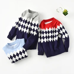 Autumn and winter boys warm sweater patterned lattice, hood, long -sleeved sweater college wind baby boy knit sweater