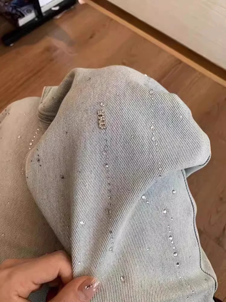 유럽 스타일 라인스톤 청바지 여성 봄 가을 2025 신상 하이웨이스트 슬림핏 마이크로 플레어 팬츠 ins 만능 바지