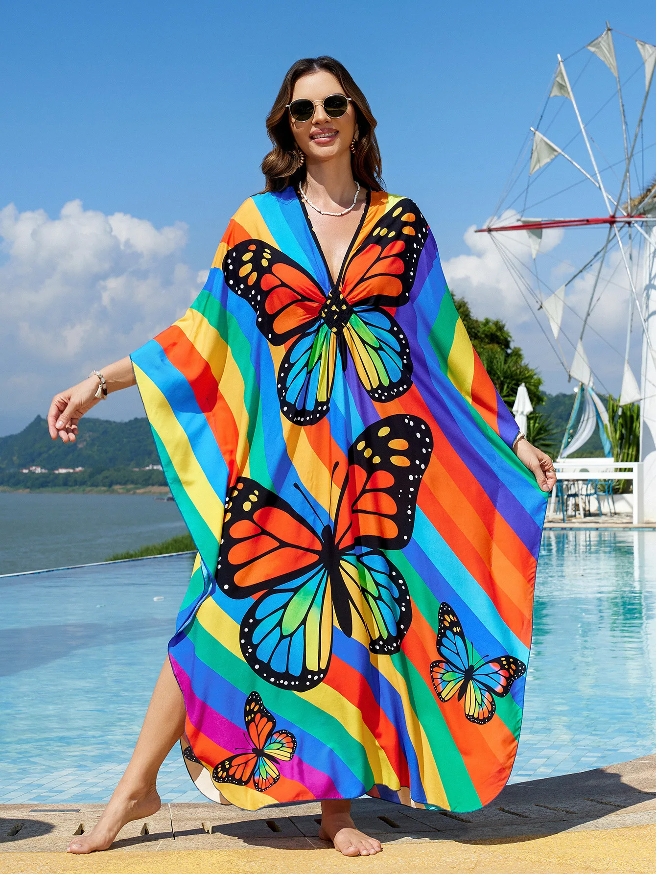 

Kaftan Dresses for Women Plus Size Summer Beach Cover Ups Colored Butterfly Printed Moomoo Nightgowns Factory Supply Hot Sales