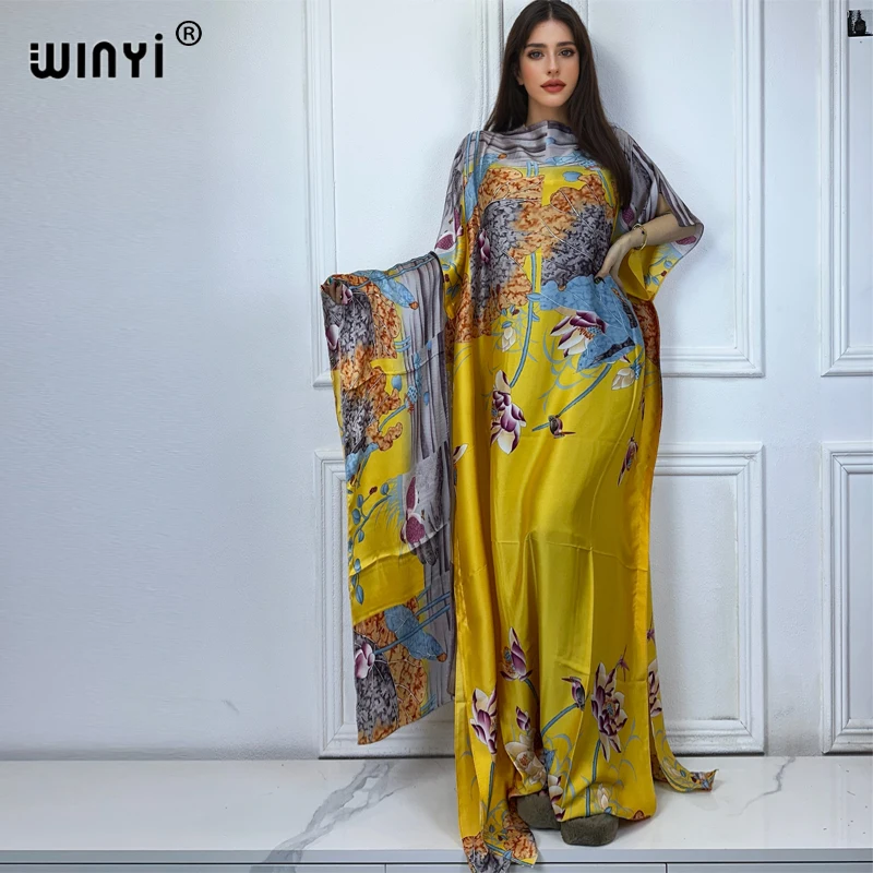 WINYI Catwalk model abaya women muslim sets dress african dubai abaya Crew Neck print Kaftan Elegant Maxi Length Dress