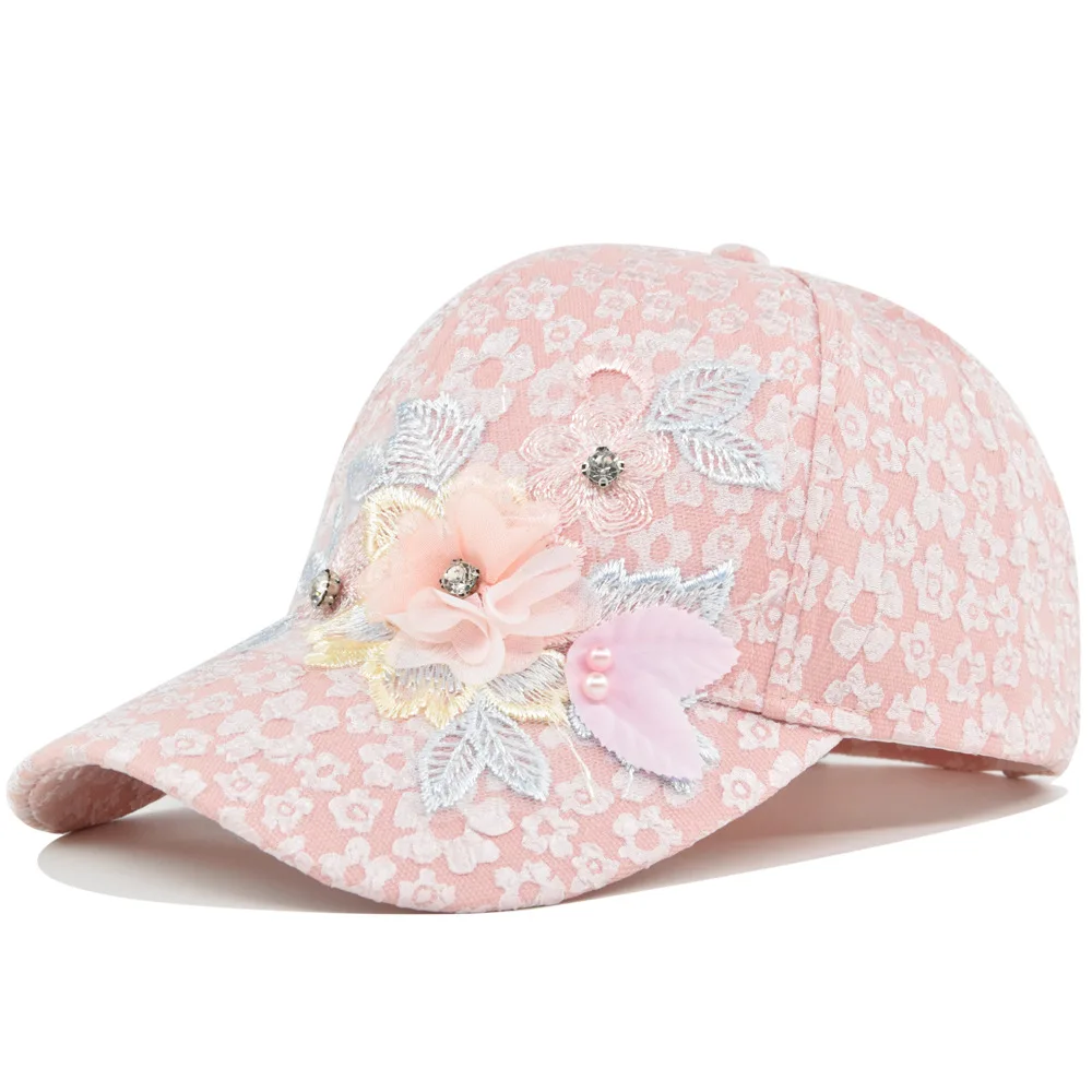 Serene countryside gentle style full-pattern pleated bubble flower baseball cap with rhinestones, embellished, adjustable