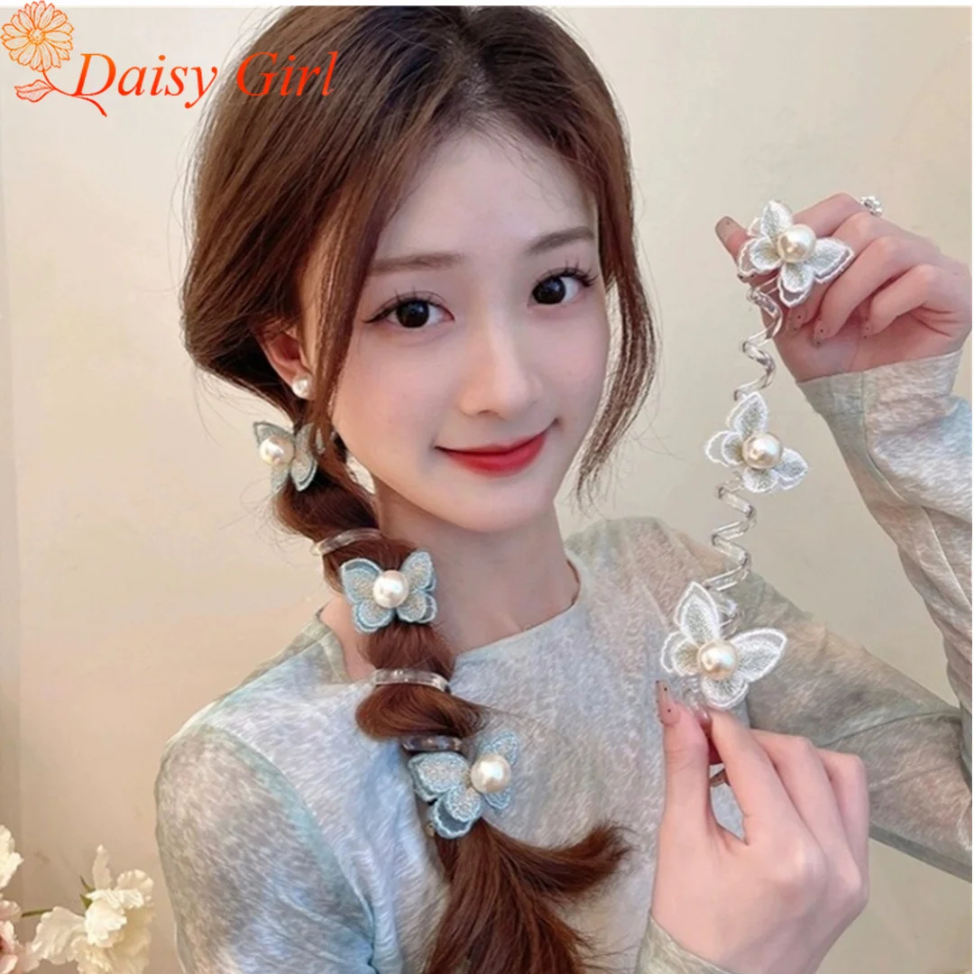 Mori-Style Butterfly Pearl Bubble Braid Hair Ropes Women High-End Straight Phone Cord Hair Tie Ponytail Braided Hair Accessories