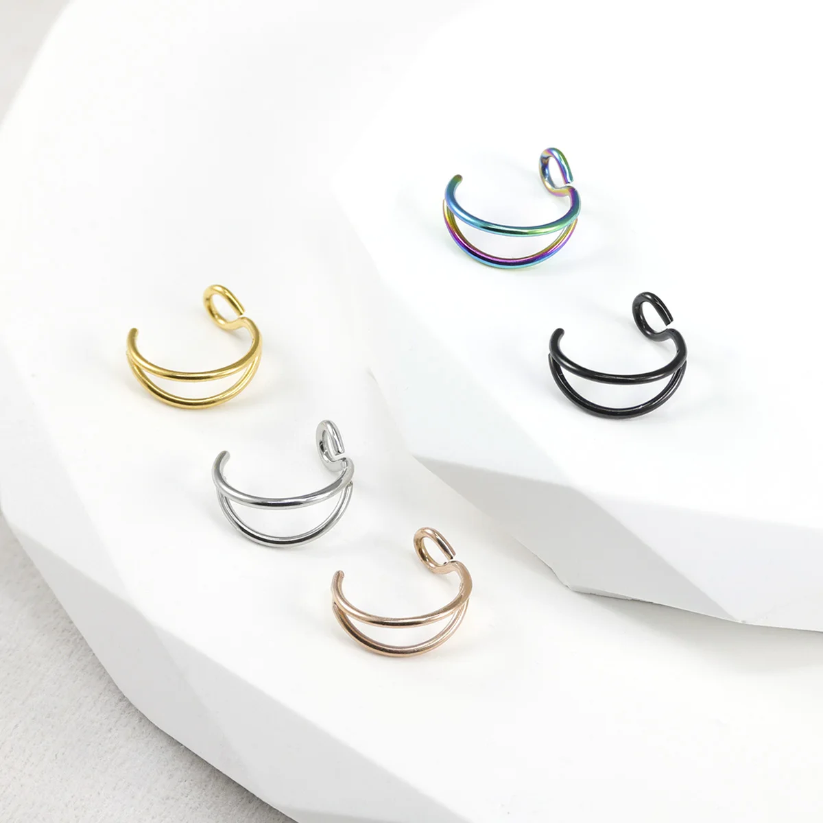 double fish hook nose 3/5pcs Stainless Steel C-Line Twist Double Fishhook Fake Perforated Nose  Ring For Men And Women Non-Piercing Nose Jewelry