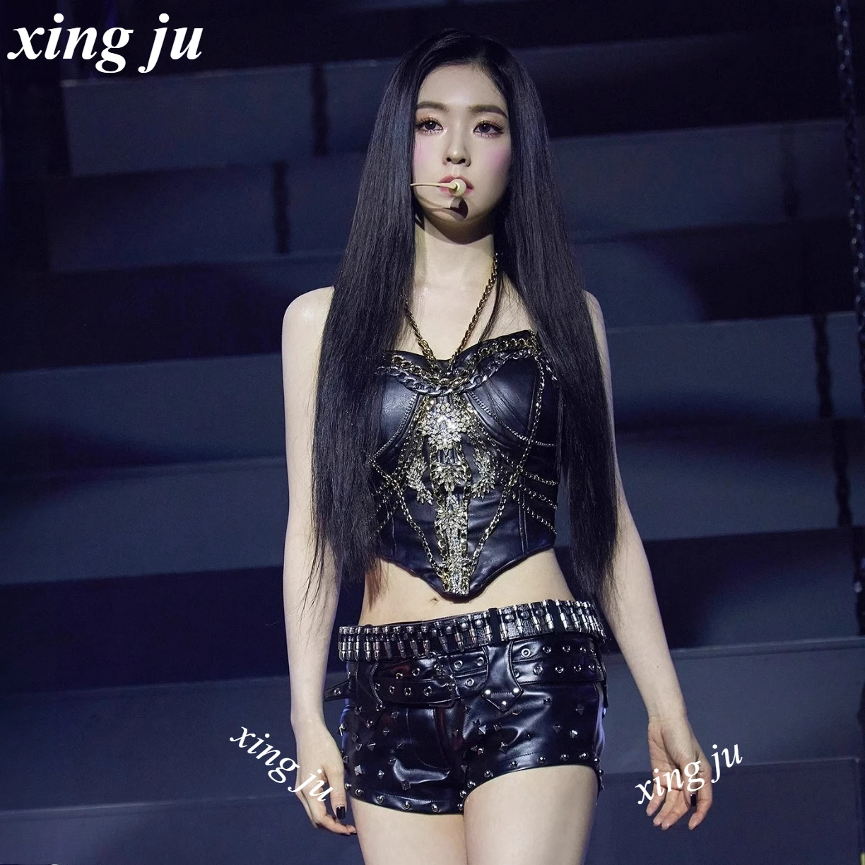 

Kpop Women Group Black Leather Vest Halter Tops Tight Rivets Shorts Stage Performance Costumes Female Singer Jazz Dance Outfits