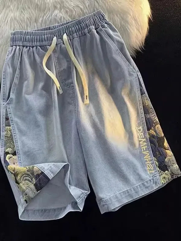 

Large Size Men's Retro Embroidered Denim orts Summer Loose Patchwork Dstring Casual Five-Quarter Length Straight Leg Jeans