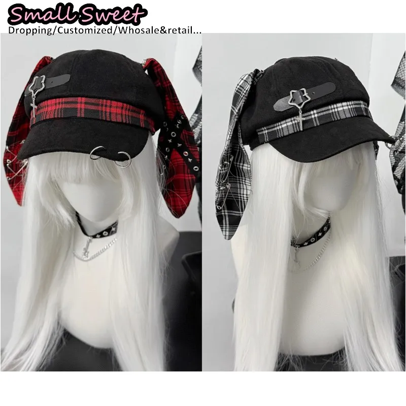 النساء فاسق الثقافة الفرعية موضة Steampunk انفصال Y2k حار فتاة آذان أرنب قبعة بيسبول القوطية طويلة الأرنب الأذن قبعات للحماية من الشمس #1