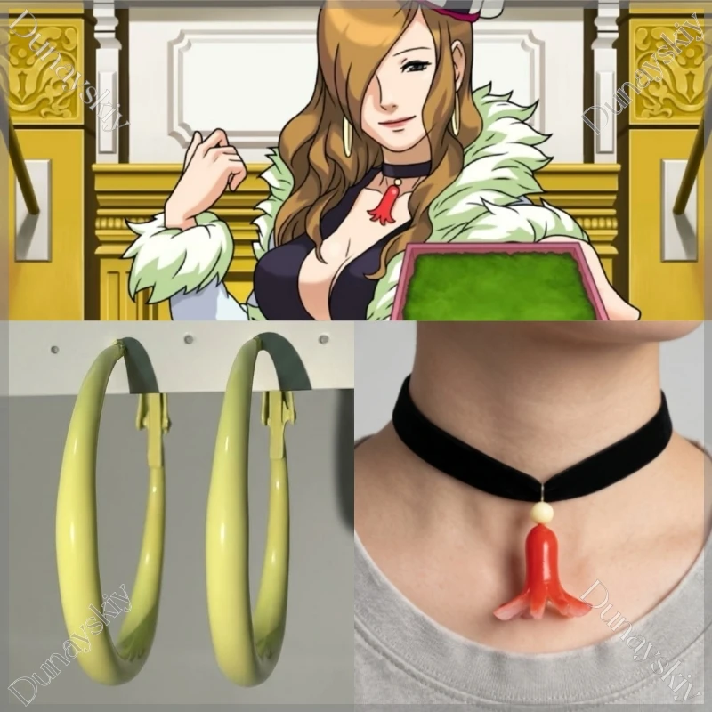 Accessoires de cosplay Ace Attorney Angel Starr Cough-Up Queen : Collier ras-de-cou avec pendentif fleur rouge et boucles d'oreilles créoles ovales, pour usage quotidien