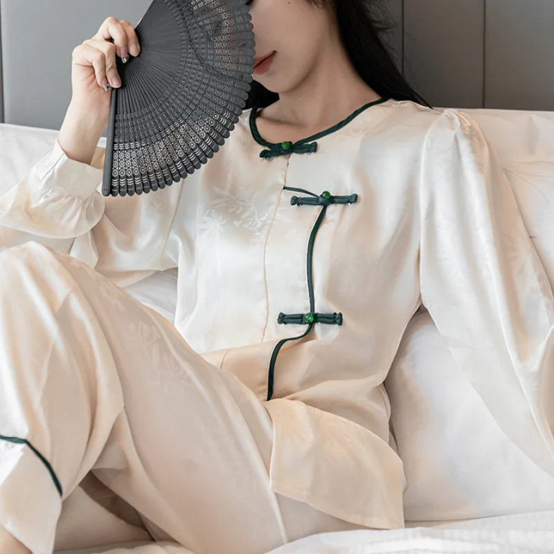 New Chinese Style Pajamas Sleepwear Jacquard Long Sleeve Trouser Suits Lounge Wear Spring Summer Casual Satin Home Wear Pyjama