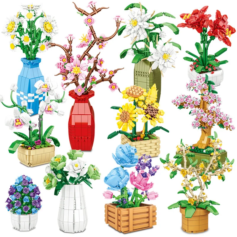 

Beautiful Simulation Rose Rhododendron Bouquet Succulent Potted Plants Model Ornament Building Blocks Children's Puzzle Toys
