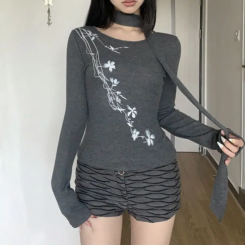 Korean Version Of Floral Knitted Embroidered Top With Scarf Retro Slim Sweater High Street Long Sleeve T-Shirt Autumn