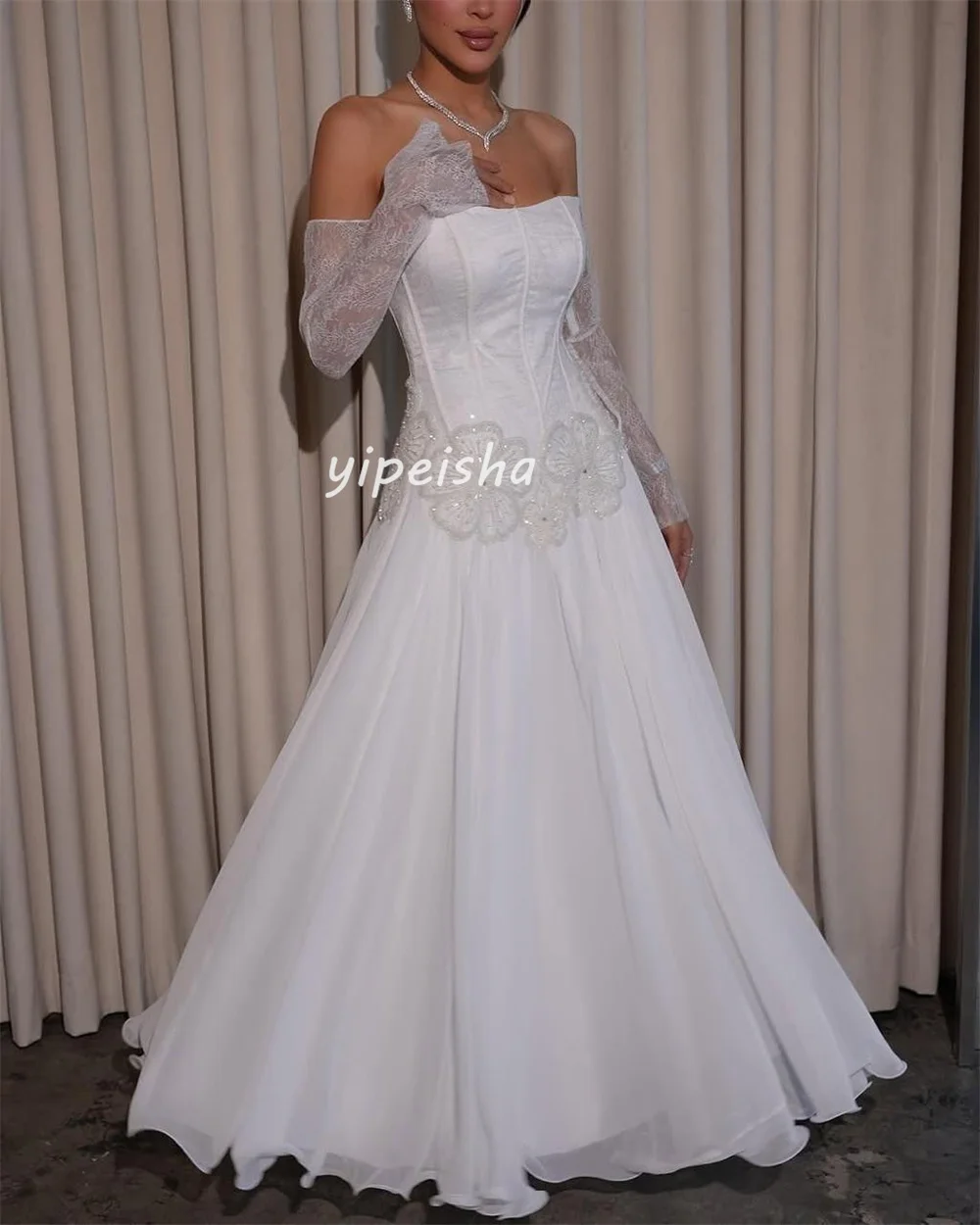 Vestidos largos personalizados de gasa exquisita hechos a mano con cuentas de flores y lentejuelas, vestidos largos con hombros descubiertos, vestidos para ocasiones a medida