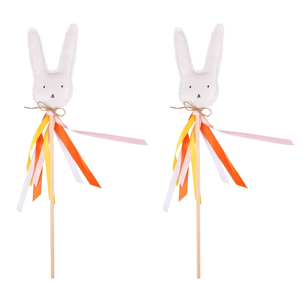 

2Pcs Easter Rabbit Fairy Stick Adorn Simple Colors Kids Plaything Party Decoration Easter Gift Rabbit Pattern Stick Adorn