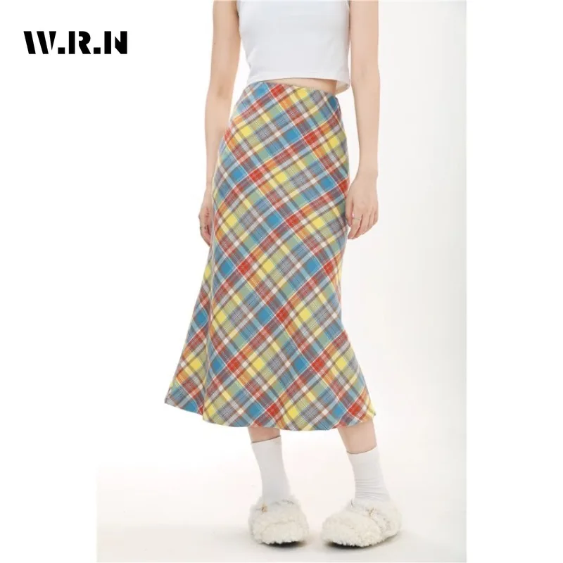 

2024 Summer High Street Colorful Plaid Design Mid Long Skirts Women's Casual High Waist Street All-Match Young Style Skirt
