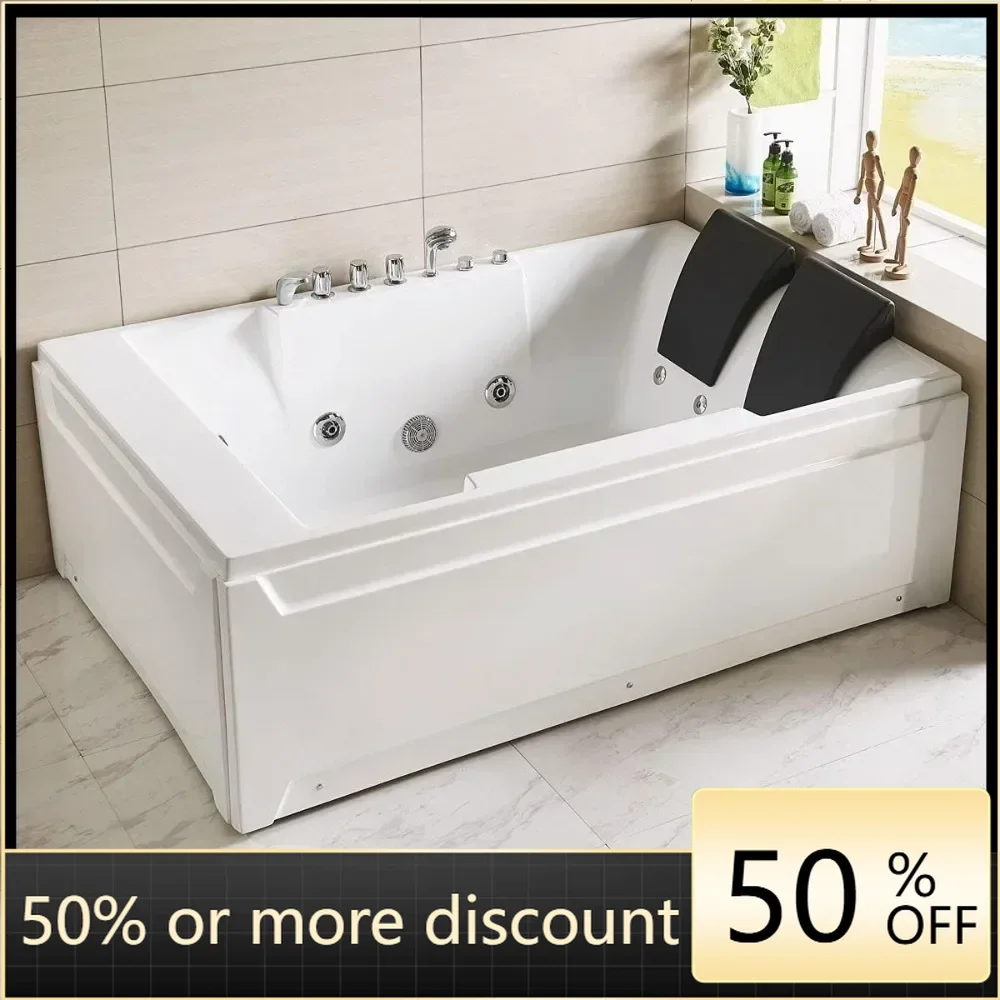 72 Inch Acrylic Alcove Whirlpool Hydromassage Bathtub 2 Person SPA Soaking Tub with Faucet, Shower head and Drain