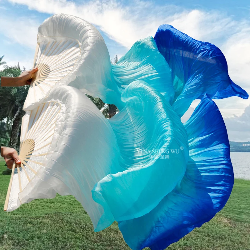 Ventagli di danza del ventre da donna 100% seta Ventaglio per bambini per ballare 1 paio di costole di bambù per adulti Spettacolo di danza Sfumatura di colore Fan di danza