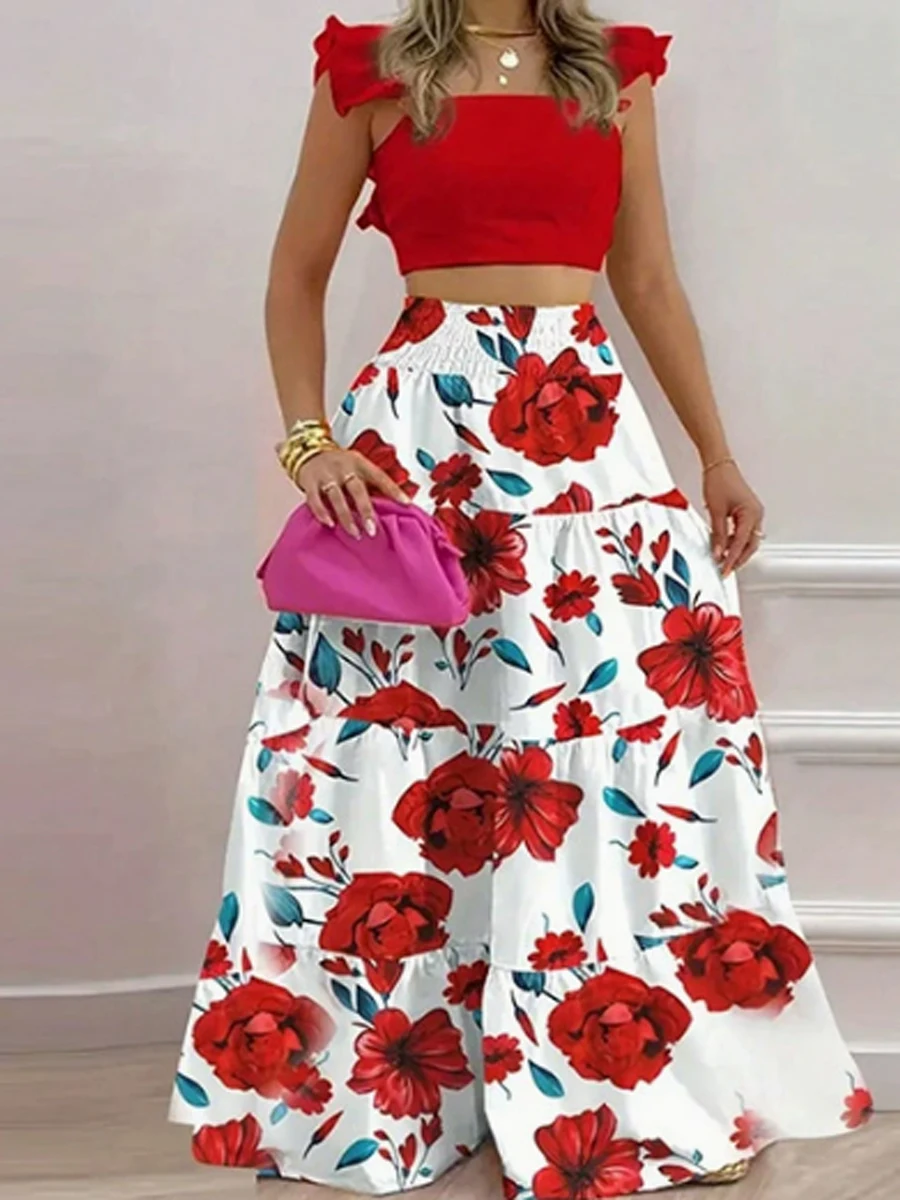 

Two Pieces Sets for Women Tied Detail Ruffle Hem Crop Top and Shirred Maxi Skirt Set
