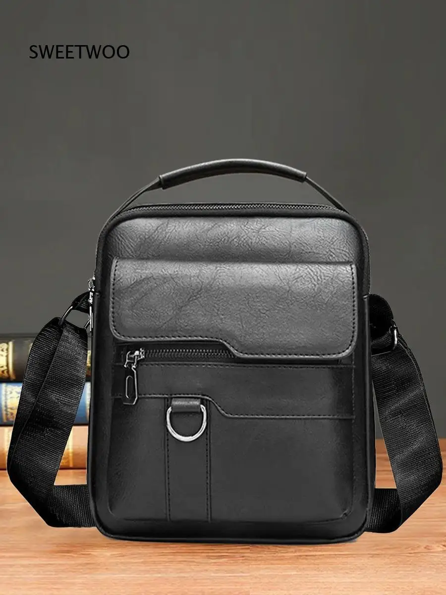Men Black Faux Leather Small Shoulder Bag Multi Pocket Crossbody Messenger Bag Casual Square Handbag with Top Handle