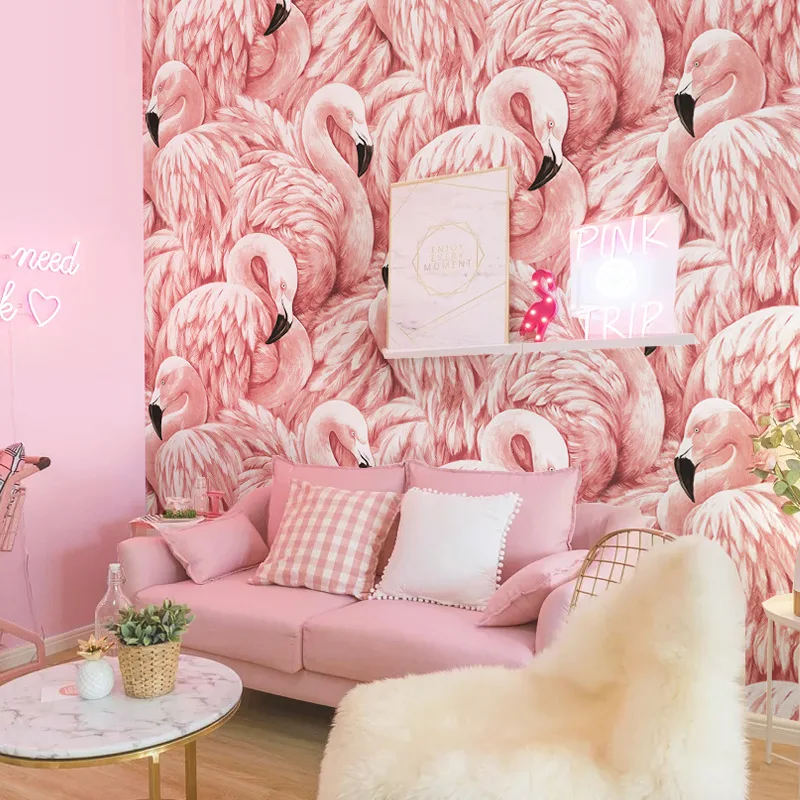 

Nordic style pink wallpaper flamingo girl heart background wallpaper bedroom living room modern minimalist princess powder.