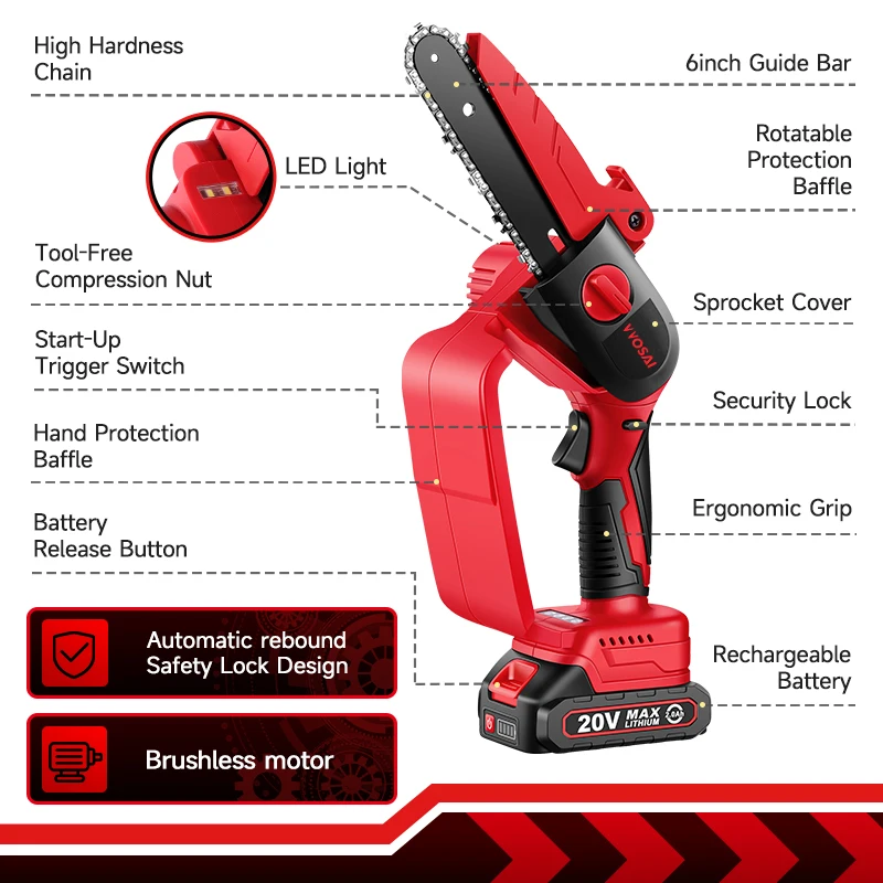 Wosai 20v brushless motosserra 6 Polegada mini serra elétrica sem fio handheld poda serra portátil ferramenta de corte de madeira mt-series