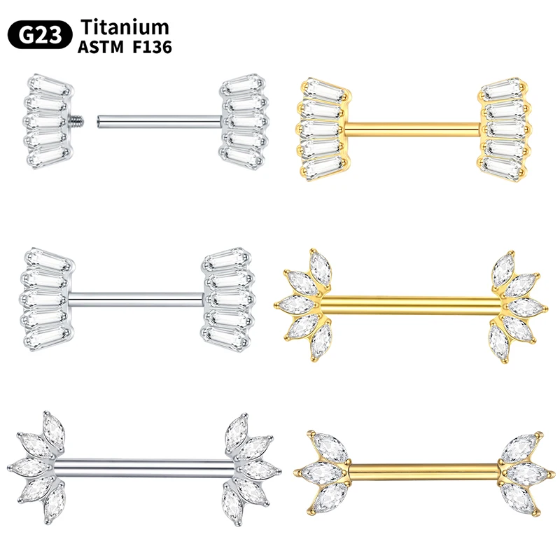 Barre de perçage de mamelon en titane G23 pour femmes, fil interne 14G, fleur en cristal, bouclier de mamelon, anneau d'haltère, bijoux Sexy, 1 pièce