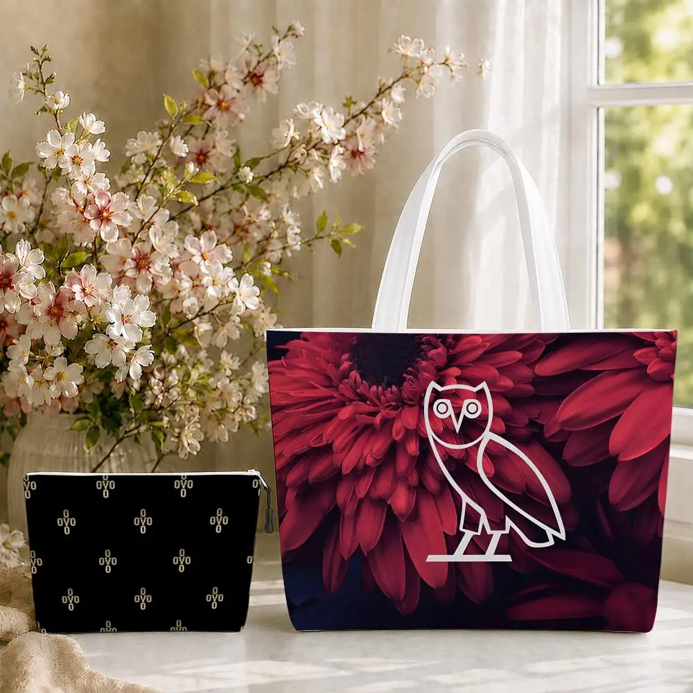 Drake O-OvO OWL Storage Bags 2-Piece Set Double-Sided Printed Canvas Tote Bags with Zipper Shopping Shoulder Handbags