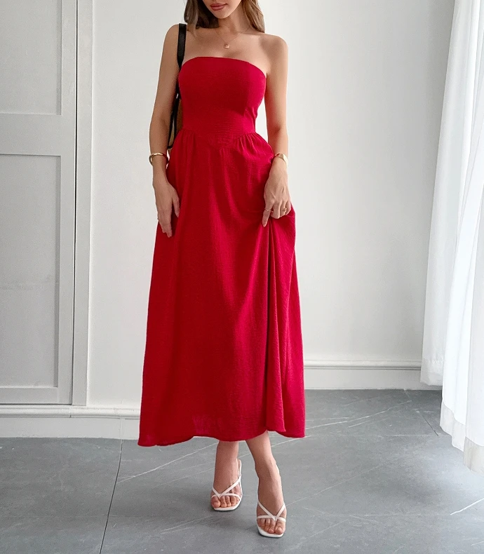 

2025 Fashion Spring and Summer Latest Hot Selling Elegant Sexy Unique Simple New Vacation Style Strapless Waist Tied Long Dress