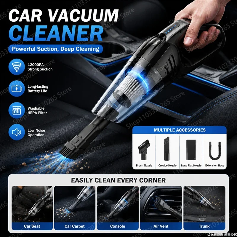 Portable Cordless Car Vacuum Cleaner 12000PA Strong Suction Low Noise HEPA Filter Handheld Auto Cleaning Tool Kit