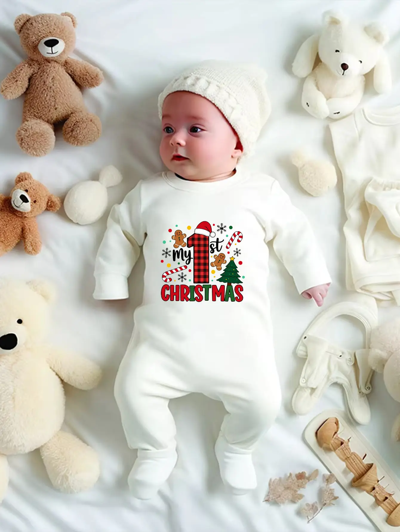My First Christmas Baby Footed Romper Gingerbread Man Plaid Print Long Sleeve Newborn Jumpsuit Infant Christmas Outfit Gift