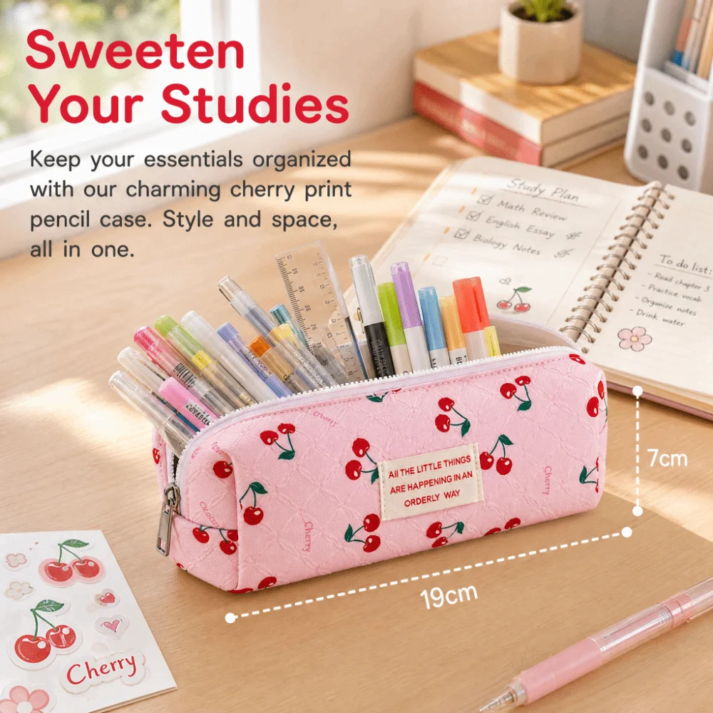 Multi Function Cherry Print Pencil Case Large Capacity Pencil Pouch Stationery Organizer School Office Supplies