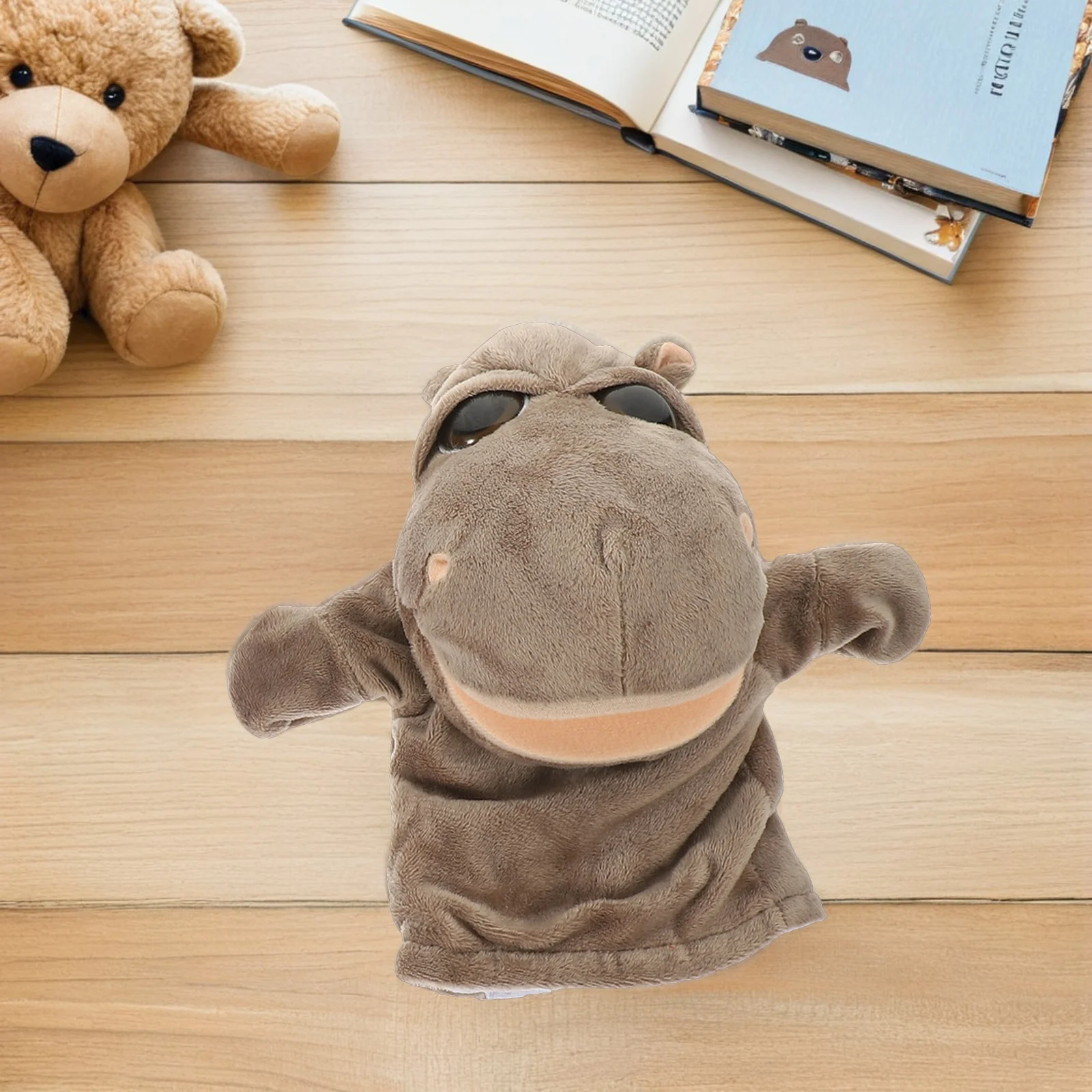 Mão hipopótamo marrom com boca móvel animal interativo recheado para crianças role play contar histórias educacional fingir trabalho
