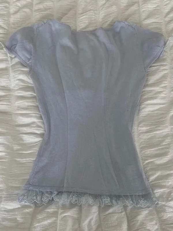 T-shirt V-ne con giunture in pizzo blu T-shirt estiva da donna vintage retrò o spalla lunghezza misto cotone vestibilità regolare ort Sve Tee