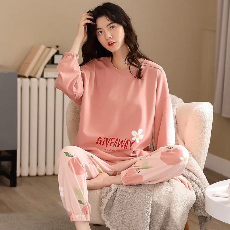 Women\'s Foreign Trade Cross-border Pajamas Homewear Ladies Simple Long Pants Long-sleeved Round Neck Loose Milk Silk Loose Women