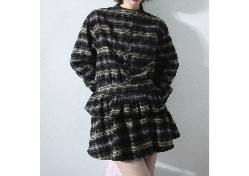 2026 Nieuwe geruite retro coltrui taille lange mouw lotusblad shirtjurk dames