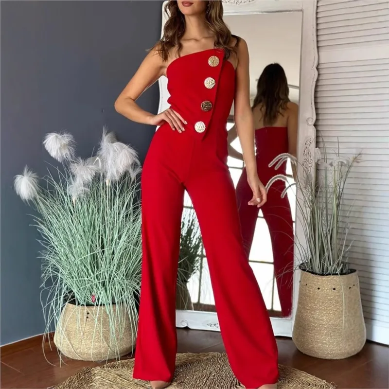 

Sexy Women's Romper Jumpsuit Summer New Sexy Backless Tube Top Button Bootcut Long Pants Red Jumpsuits For Women Streetwear