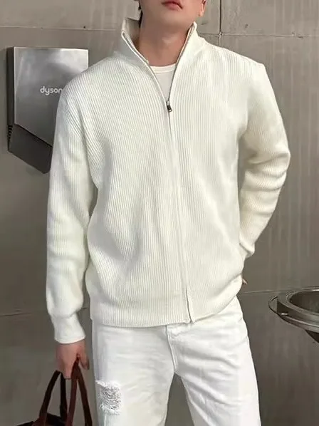 

Белый вязаный кардиган на молнии, мужской корейский кардиган, осень-зима, новый, крутой, с воротником-стойкой, модный вязаный свитер