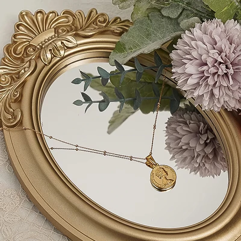 Cutelife Ins Nordic Gold Resin Small Round Table Mirror Tray Vintage Standing Home Decorative Mirror Bedroom Table Makeup Mirror