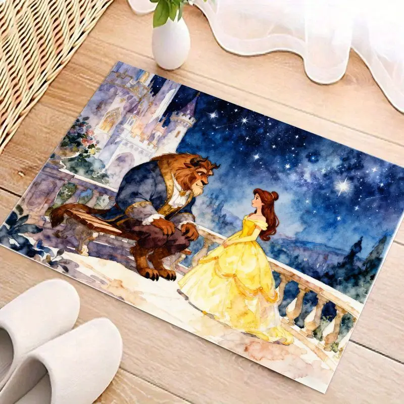 1PC Disney Beauty and the Beast Belle & Beast Romantic Castle Starry Night Watercolor Art Non-Slip Floor Mat, Washable Princess