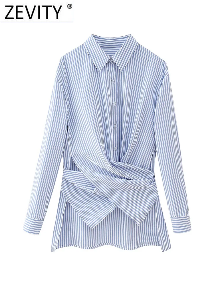 Zevity New Women Vintage Striped Print Split Asymmetrical Blouse Office Lady Chic Long Sleeve Shirt Chemise Blusas Tops LS5897