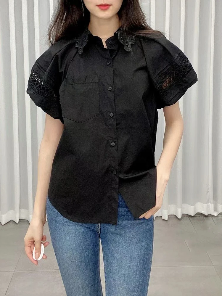 Mode Gestreepte Print Blouse Poff Mouw Tops Voor Dames 2024 Zomer Streetwear Kanten Patchwork Shirt Basic Kleding Inkeo 4t161