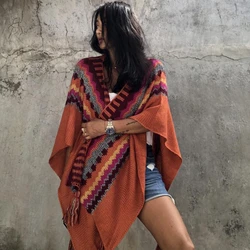 Chic Women Poncho Zigzag Striped Knitting Shawl With Tassels Colorful Peru Latino Coats Loose Sweaters Vintage Cloak Boho Cape