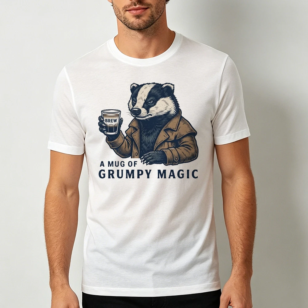 A Mug Of Grumpy Magic Coffee Badger Graphic Men Summer T Shirt Funny Animal Coffee Lover Retro Short Sleeve Garment